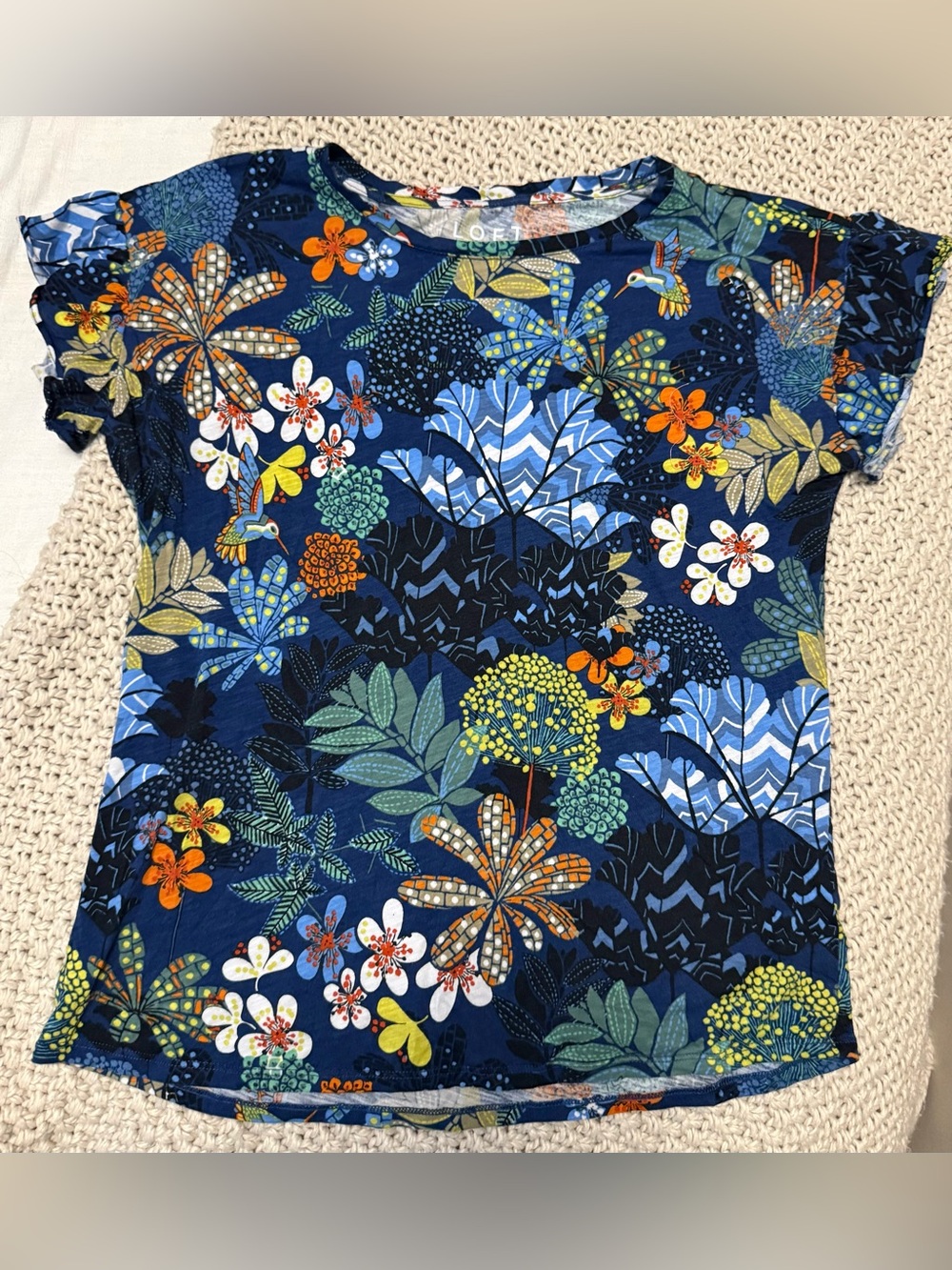 5 for $20 Deal LOFT Navy Floral Print Short Sleeve Tee Orange & Yellow Accents